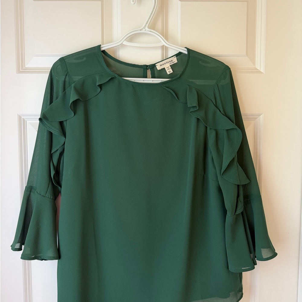Monteau Green Romantic Ruffle Bell Sleeve Flowy Blouse